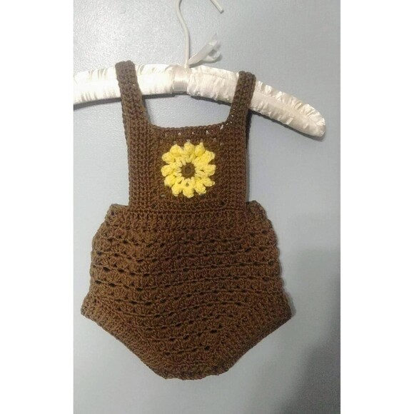 Handmade Crocheted Sunflower 12 month Baby Romper Brown and Yellow - Picture 2 of 7